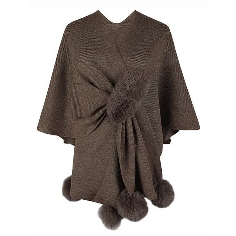 Women Brown Faux Fur Pom Pom Ball Shawl Cape
